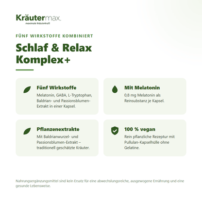 Schlaf & Relax Komplex+ Kapseln – fünf Wirkstoffe kombiniert: Melatonin, GABA, L-Tryptophan, Baldrian- und Passionsblumen-Extrakt, 100 % vegan