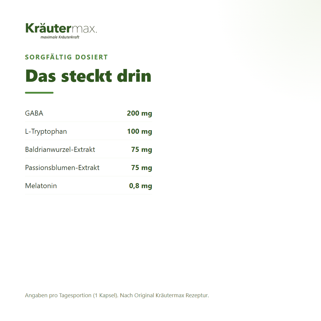 Schlaf & Relax Komplex+ Kapseln – Inhaltsstoffe pro Tagesportion: 200 mg GABA, 100 mg L-Tryptophan, je 75 mg Baldrianwurzel- und Passionsblumen-Extrakt, 0,8 mg Melatonin