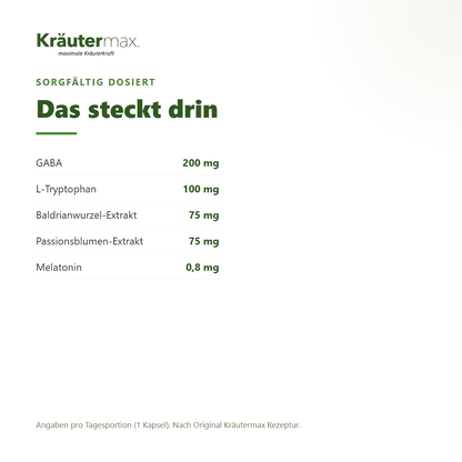 Schlaf & Relax Komplex+ Kapseln – Inhaltsstoffe pro Tagesportion: 200 mg GABA, 100 mg L-Tryptophan, je 75 mg Baldrianwurzel- und Passionsblumen-Extrakt, 0,8 mg Melatonin