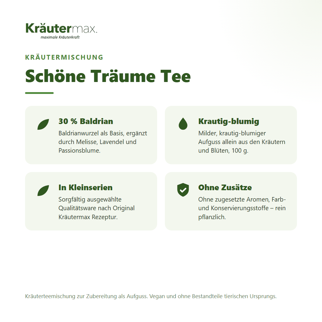 Schöne Träume Tee – Überblick: Kräutermischung mit 30 % Baldrianwurzel, Melisse, Lavendel und Passionsblume, 100 g