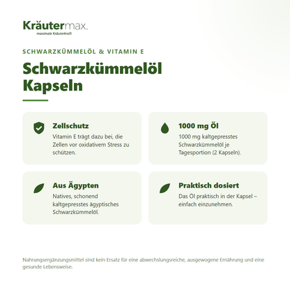 Schwarzkümmelöl Kapseln – 1000 mg kaltgepresstes ägyptisches Schwarzkümmelöl mit Vitamin E für Zellschutz je Tagesportion