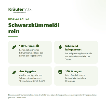 Schwarzkümmelöl rein – 100 % reines, kaltgepresstes Schwarzkümmelöl aus ägyptischen Samen der Nigella sativa, 100 % vegan