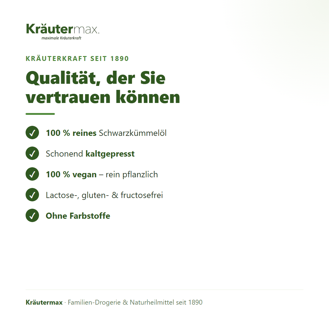 Schwarzkümmelöl – Qualität: 100 % rein, kaltgepresst, 100 % vegan, lactose-, gluten- und fructosefrei, ohne Farbstoffe