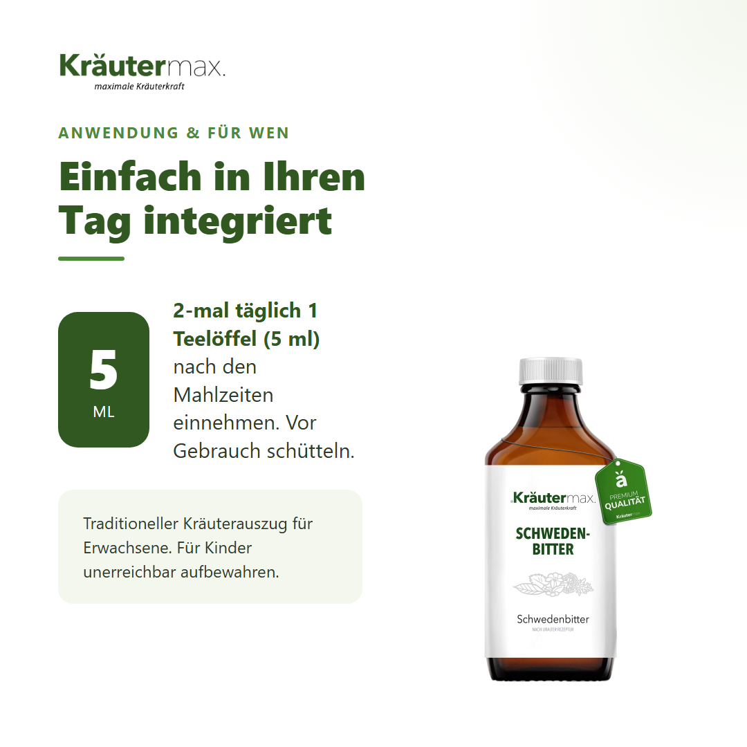 Schwedenbitter – Anwendung: 2-mal täglich 1 Teelöffel (5 ml) nach den Mahlzeiten, vor Gebrauch schütteln