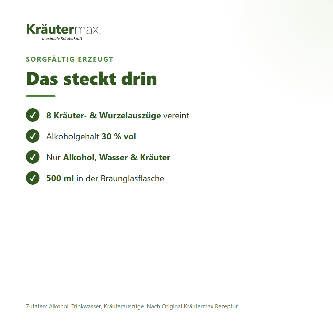 Schwedenbitter – Zusammensetzung: acht Kräuter- und Wurzelauszüge, Alkoholgehalt 30 % vol, nur Alkohol, Wasser und Kräuter, 500 ml