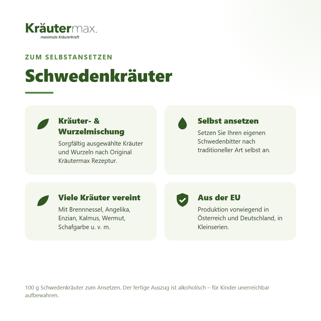 Schwedenkräuter zum Ansetzen – sorgfältig ausgewählte Kräuter- und Wurzelmischung zum Selbstansetzen von Schwedenbitter, in der EU erzeugt