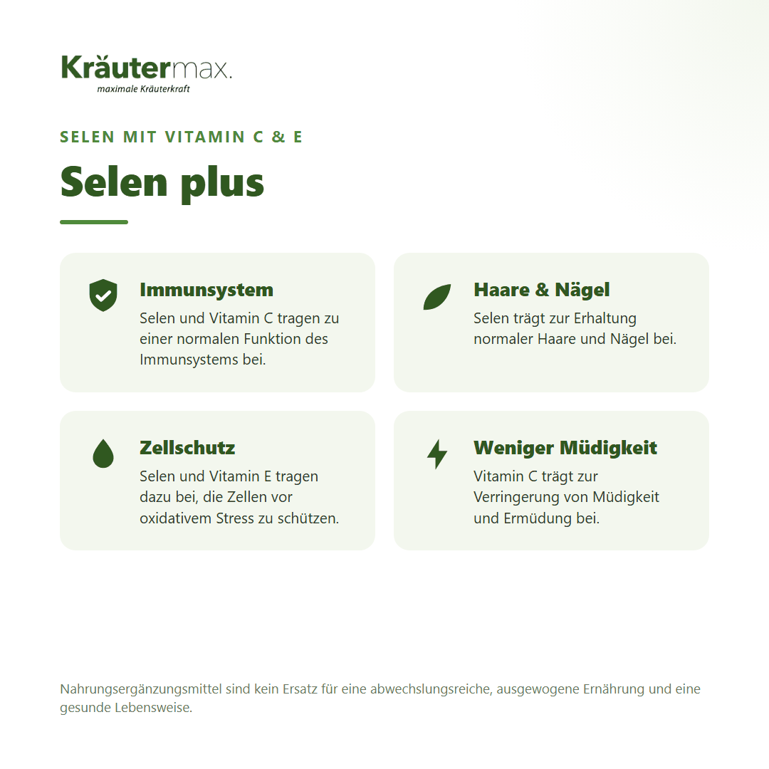 Selen plus Kapseln – Nutzen: Selen und Vitamin C für das Immunsystem, Selen für Haare und Nägel, Selen und Vitamin E für Zellschutz, weniger Müdigkeit