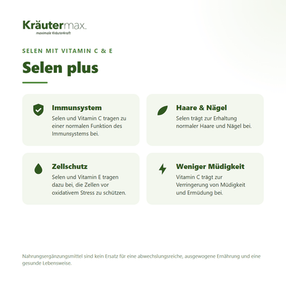 Selen plus Kapseln – Nutzen: Selen und Vitamin C für das Immunsystem, Selen für Haare und Nägel, Selen und Vitamin E für Zellschutz, weniger Müdigkeit