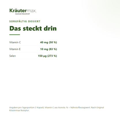 Selen plus Kapseln – Inhaltsstoffe pro Tagesportion: 40 mg Vitamin C aus Acerola, 10 mg Vitamin E, 150 µg Selen