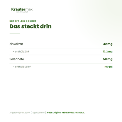 Selen & Zink Kapseln – Zusammensetzung: Zinkcitrat 42 mg, Selenhefe 50 mg