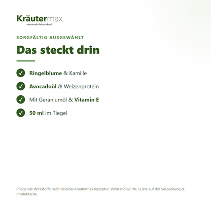 Sensitive Gesichtscreme – Inhaltsstoffe: Ringelblume, Kamille, Avocadoöl, Weizenprotein, Vitamin E, 50 ml Tiegel