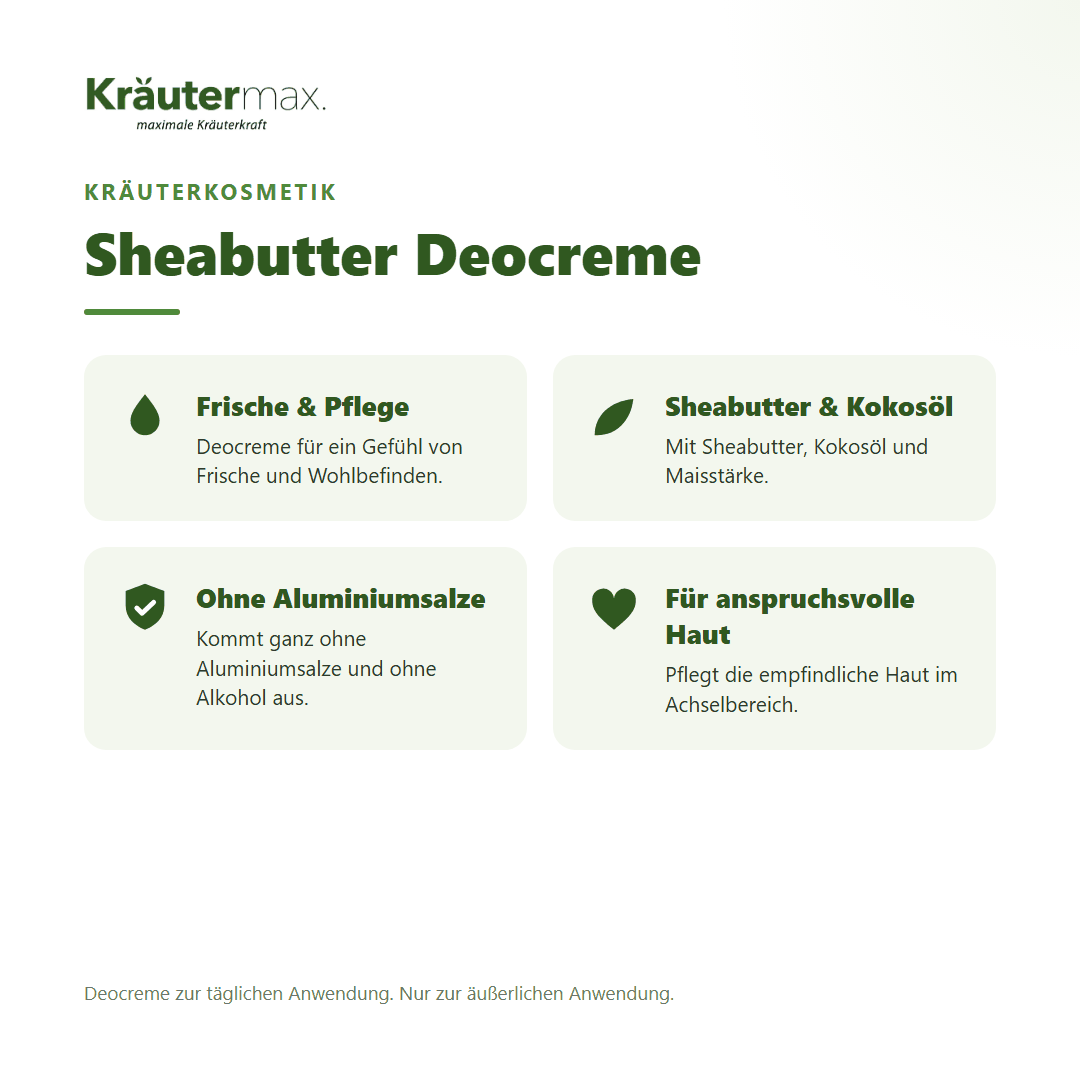 Sheabutter Deocreme von Kräutermax – Überblick: Deocreme ohne Aluminiumsalze mit Sheabutter und Kokosöl, 40 ml