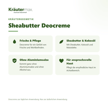 Sheabutter Deocreme von Kräutermax – Überblick: Deocreme ohne Aluminiumsalze mit Sheabutter und Kokosöl, 40 ml