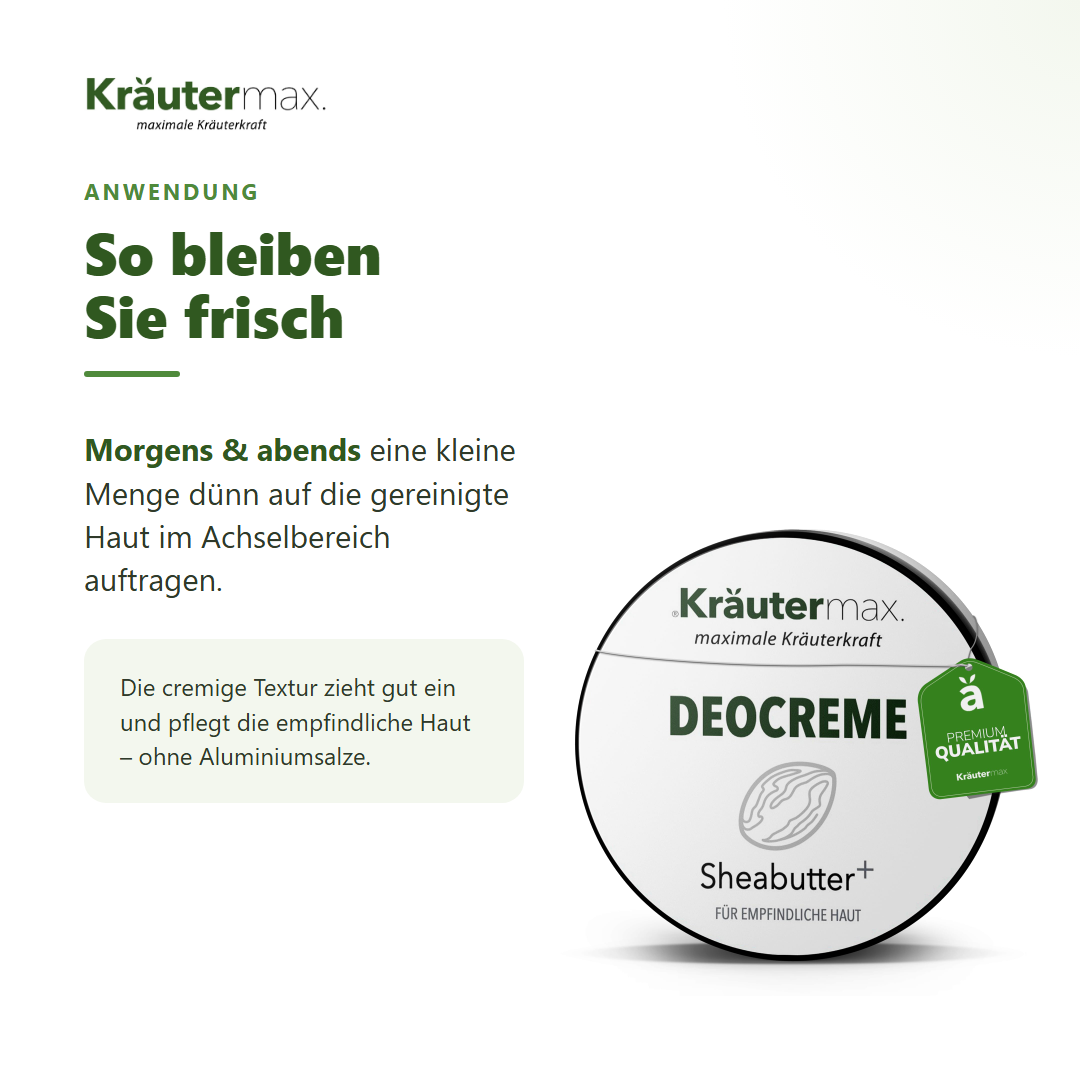 Sheabutter Deocreme – Anwendung: morgens und abends dünn auf die gereinigte Haut im Achselbereich auftragen