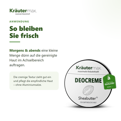 Sheabutter Deocreme – Anwendung: morgens und abends dünn auf die gereinigte Haut im Achselbereich auftragen