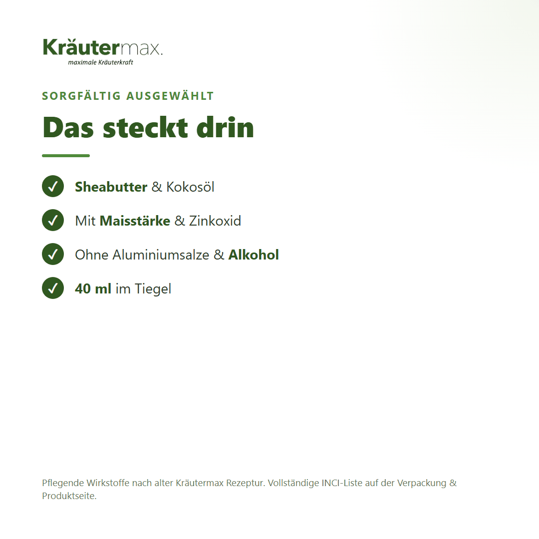 Sheabutter Deocreme – Inhaltsstoffe: Sheabutter, Kokosöl, Maisstärke, Zinkoxid, ohne Aluminiumsalze, 40 ml Tiegel