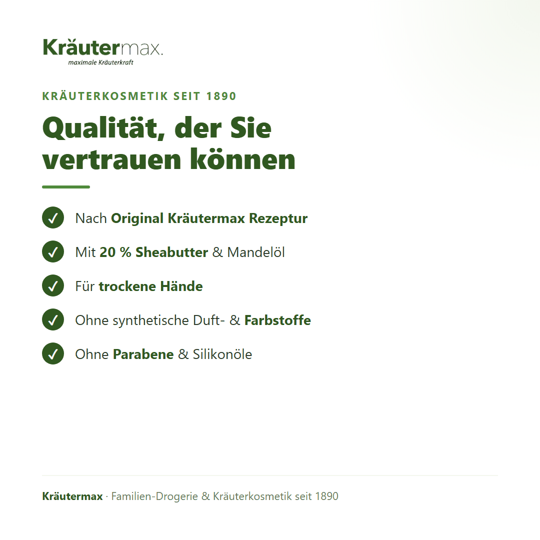 Sheabutter Handcreme – Qualität: nach Original Kräutermax Rezeptur, ohne Parabene und Silikonöle
