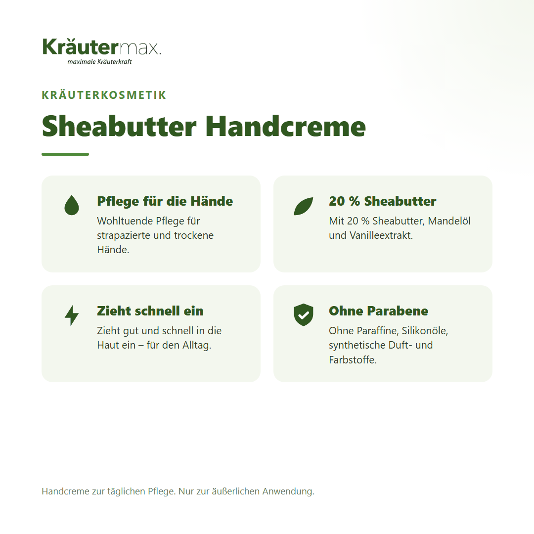 Sheabutter Handcreme von Kräutermax – Überblick: Pflege für trockene Hände mit 20 % Sheabutter, 70 ml