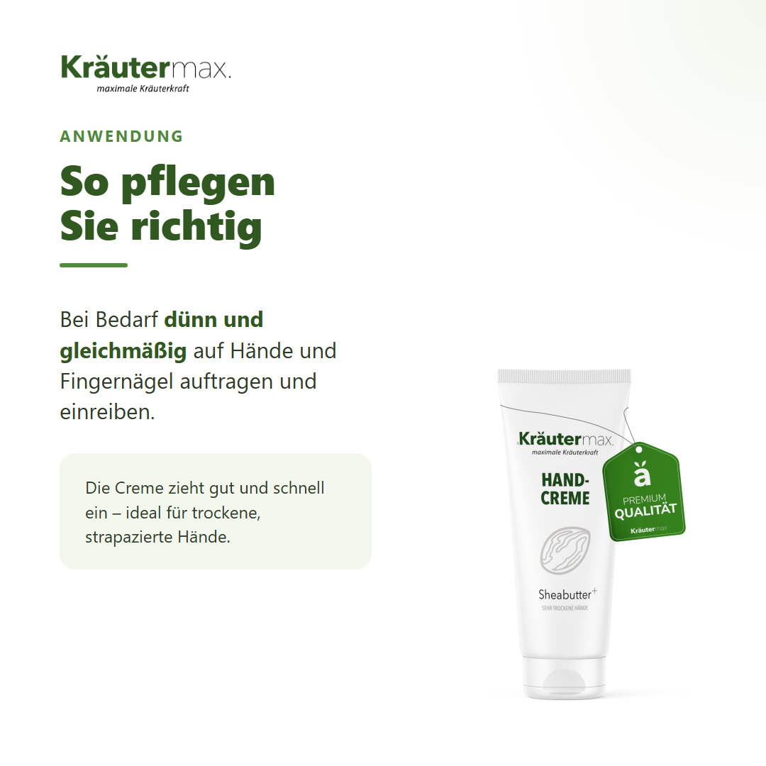 Sheabutter Handcreme – Anwendung: dünn auf Hände und Fingernägel auftragen und einreiben