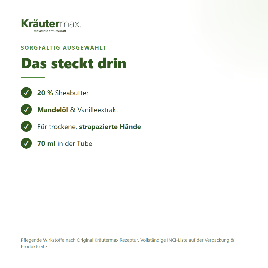 Sheabutter Handcreme – Inhaltsstoffe: 20 % Sheabutter, Mandelöl, Vanilleextrakt, 70 ml Tube
