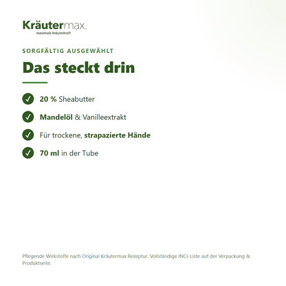Sheabutter Handcreme – Inhaltsstoffe: 20 % Sheabutter, Mandelöl, Vanilleextrakt, 70 ml Tube