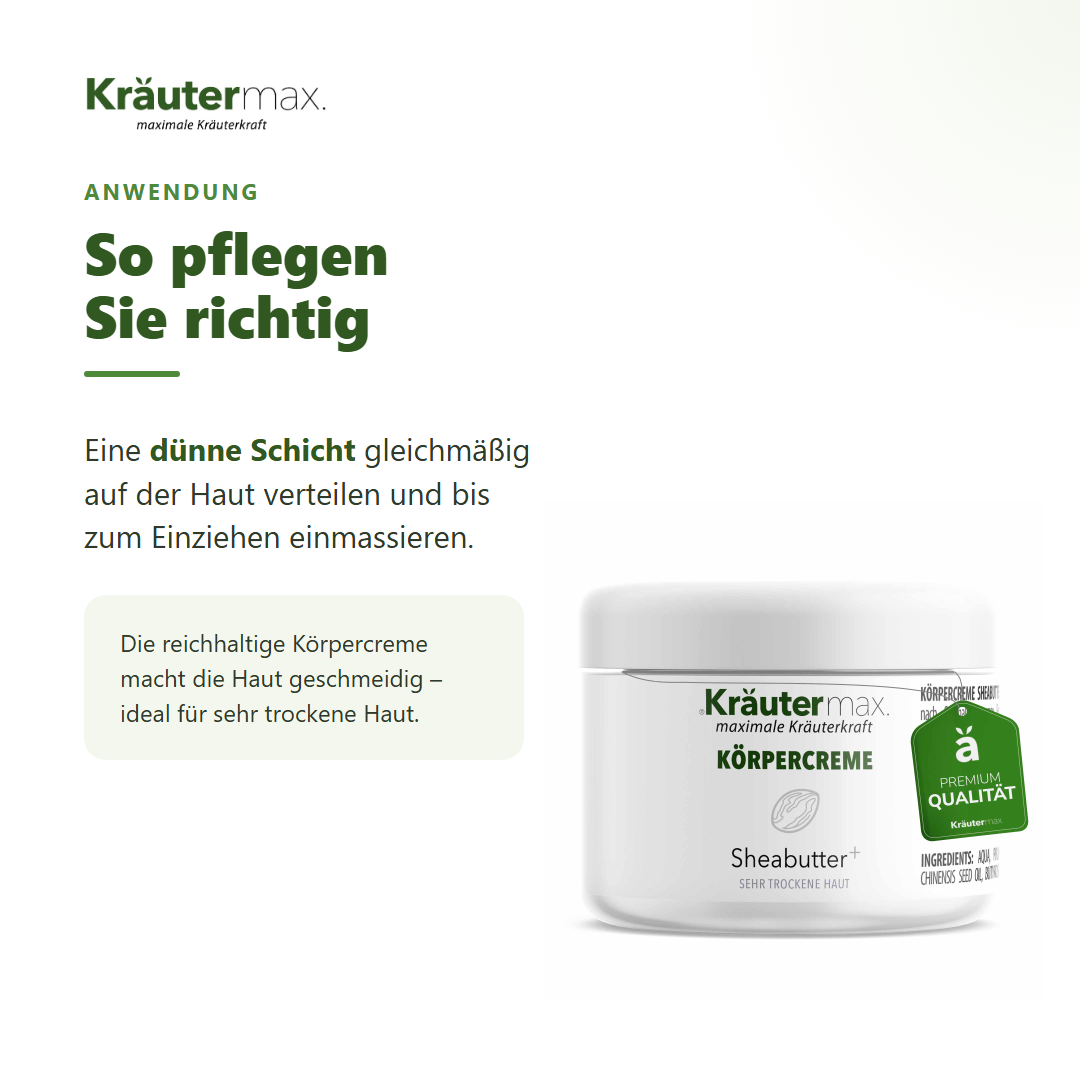 Sheabutter Körpercreme – Anwendung: dünne Schicht auf der Haut verteilen und einmassieren
