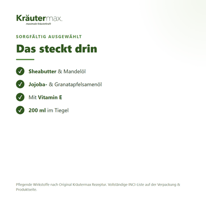 Sheabutter Körpercreme – Inhaltsstoffe: Sheabutter, Mandel-, Jojoba-, Granatapfelsamenöl, Vitamin E, 200 ml Tiegel
