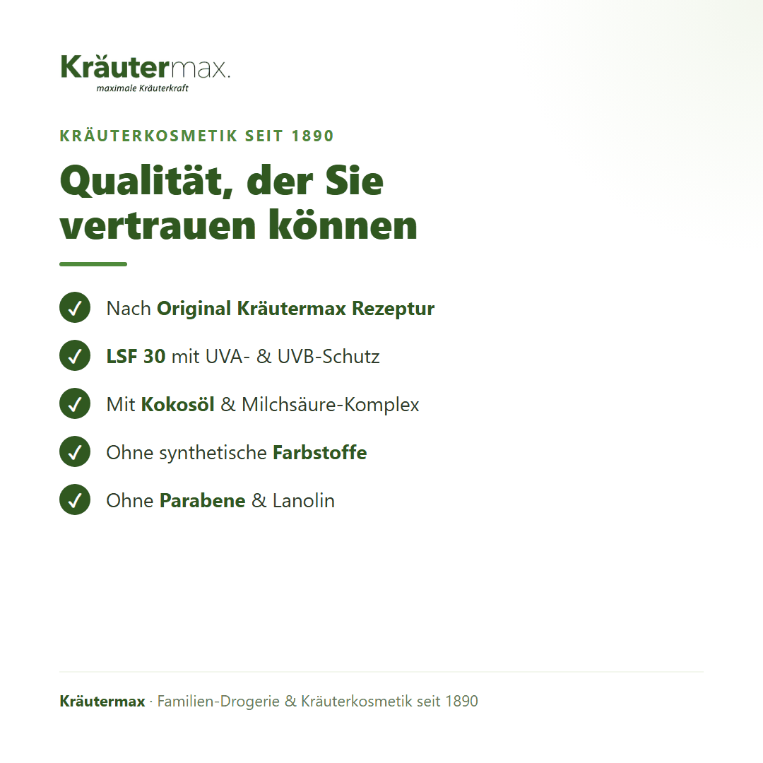 Sonnencreme LSF 30 – Qualität: nach Original Kräutermax Rezeptur, ohne Parabene und Farbstoffe