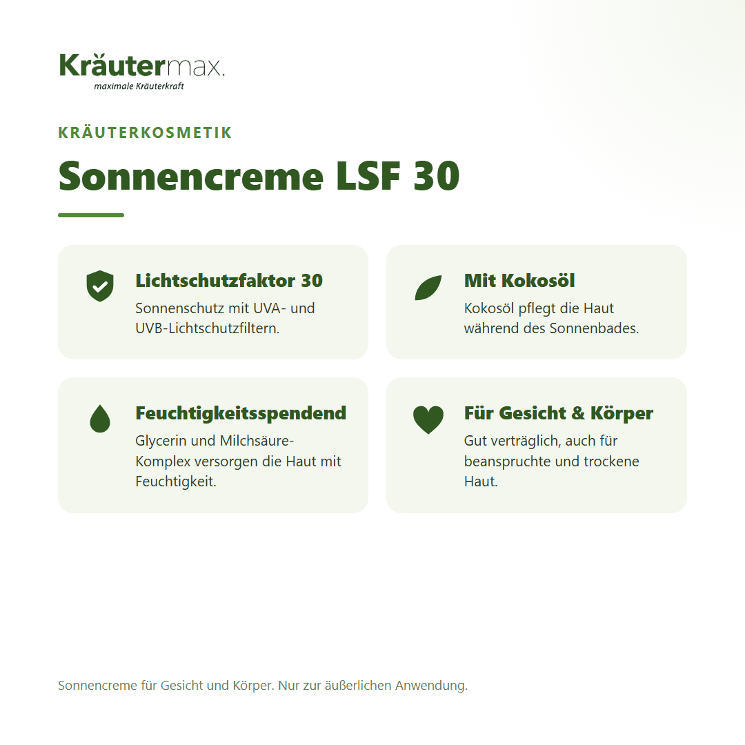 Sonnencreme LSF 30 von Kräutermax – Überblick: Sonnenschutz mit UVA- und UVB-Filter für Gesicht und Körper, 70 ml