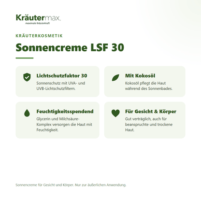 Sonnencreme LSF 30 von Kräutermax – Überblick: Sonnenschutz mit UVA- und UVB-Filter für Gesicht und Körper, 70 ml