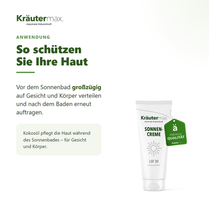 Sonnencreme LSF 30 – Anwendung: vor dem Sonnenbad großzügig auf Gesicht und Körper verteilen