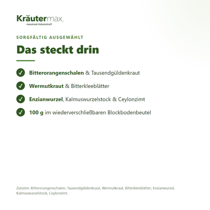 Spezial BIT Tee – Zutaten: Bitterorangenschalen, Tausendgüldenkraut, Wermut, Bitterklee, Enzianwurzel, Kalmus, Ceylonzimt