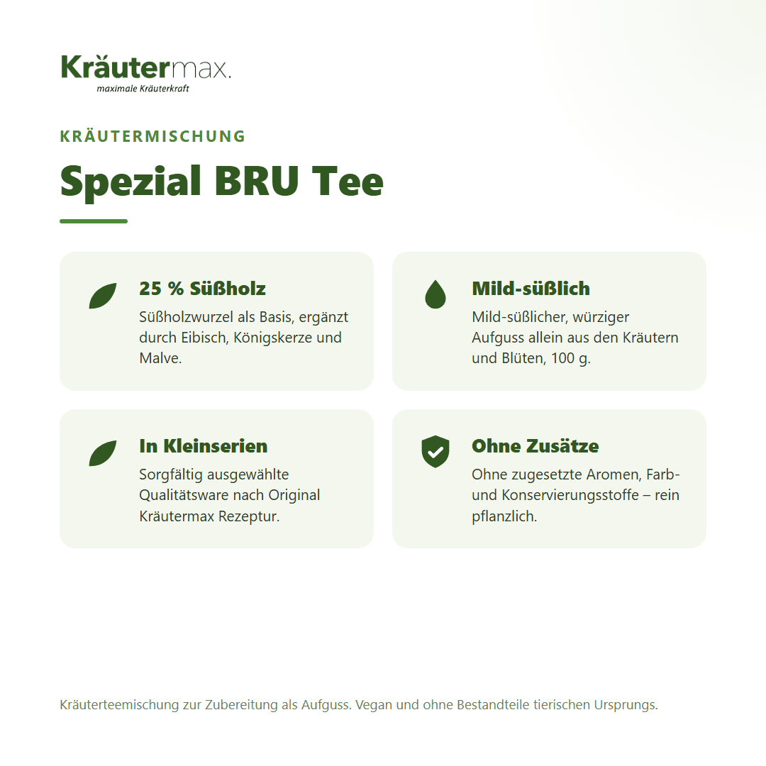 Spezial BRU Tee – Überblick: Kräutermischung mit 25 % Süßholzwurzel, Eibisch, Königskerze und Malve, 100 g