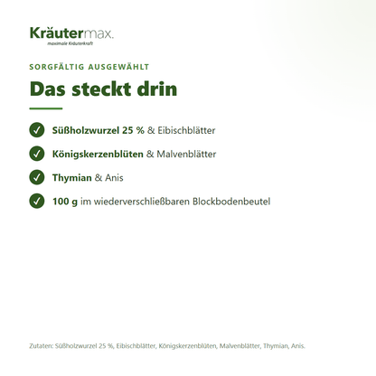 Spezial BRU Tee – Zutaten: Süßholzwurzel 25 %, Eibischblätter, Königskerzenblüten, Malvenblätter, Thymian, Anis