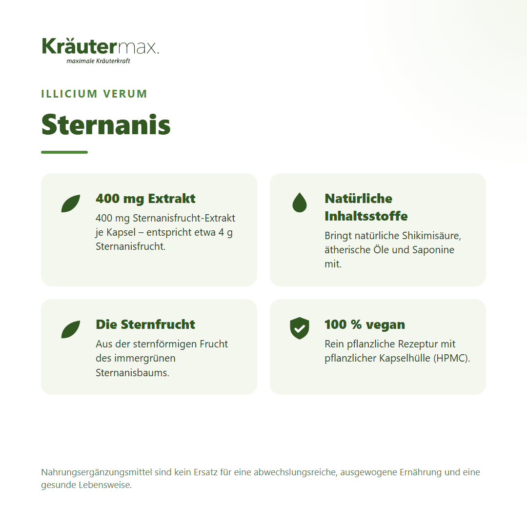 Sternanis Kapseln – 400 mg Sternanisfrucht-Extrakt aus Illicium verum je Kapsel mit natürlicher Shikimisäure, ätherischen Ölen und Saponinen, 100 % vegan