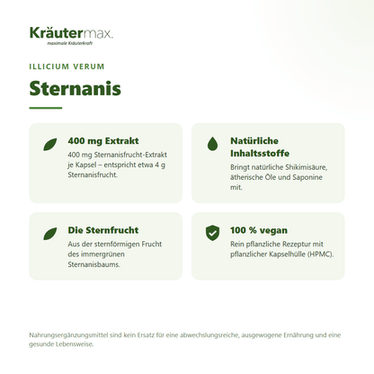 Sternanis Kapseln – 400 mg Sternanisfrucht-Extrakt aus Illicium verum je Kapsel mit natürlicher Shikimisäure, ätherischen Ölen und Saponinen, 100 % vegan