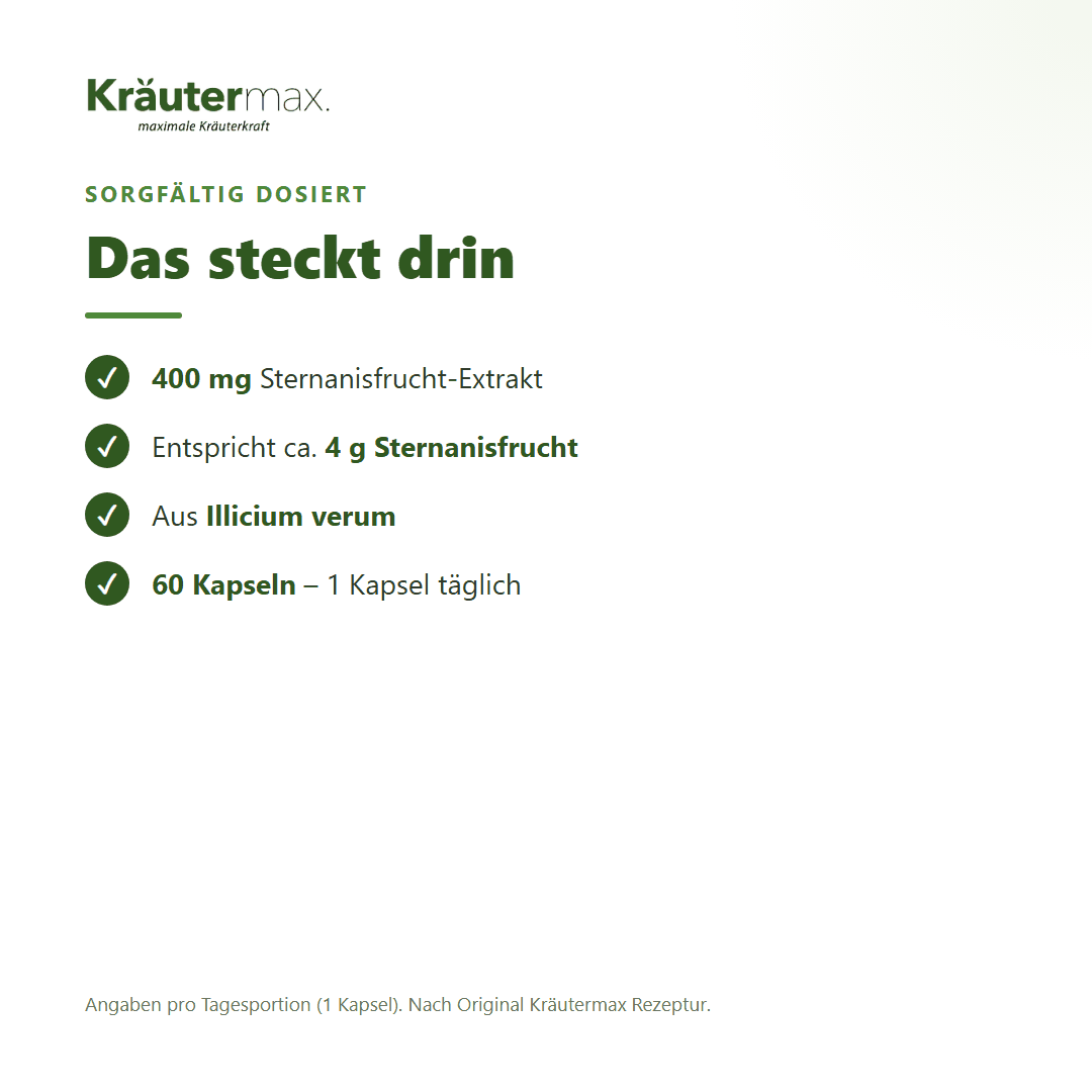 Sternanis Kapseln – Inhaltsstoffe pro Tagesportion: 400 mg Sternanisfrucht-Extrakt aus Illicium verum, entspricht etwa 4 g Sternanisfrucht