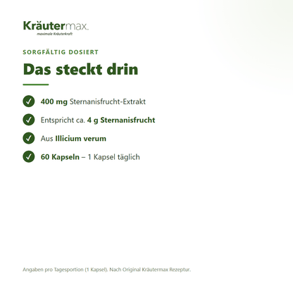 Sternanis Kapseln – Inhaltsstoffe pro Tagesportion: 400 mg Sternanisfrucht-Extrakt aus Illicium verum, entspricht etwa 4 g Sternanisfrucht