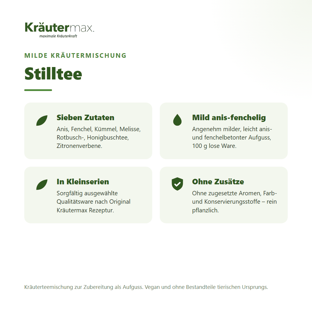 Stilltee – Überblick: milde Kräutermischung mit Anis, Fenchel, Kümmel und Melisse, 100 g