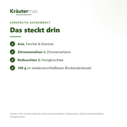 Stilltee – Zutaten: Anis, Fenchel, Kümmel, Zitronenmelisse, Rotbuschtee, Zitronenverbene, Honigbuschtee