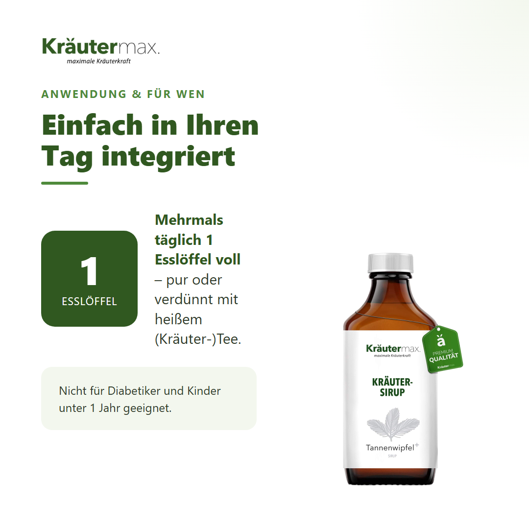 Tannenwipfelsirup – Anwendung: mehrmals täglich 1 Esslöffel pur oder verdünnt mit heißem Kräutertee
