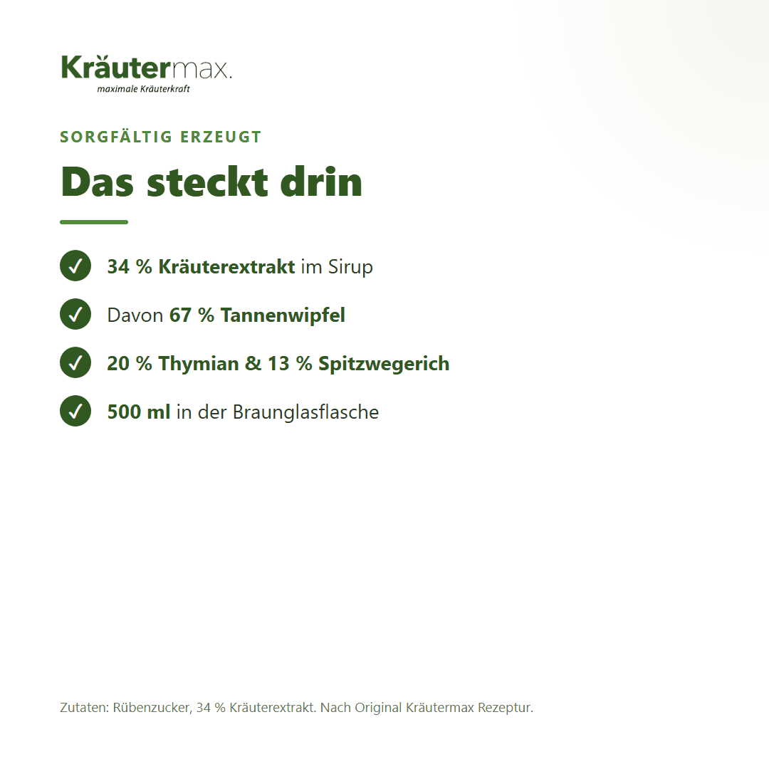 Tannenwipfelsirup 500 ml – Zusammensetzung: 34 % Kräuterextrakt, davon 67 % Tannenwipfel, 20 % Thymian und 13 % Spitzwegerich