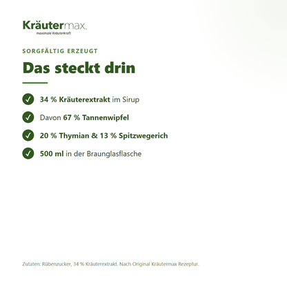 Tannenwipfelsirup 500 ml – Zusammensetzung: 34 % Kräuterextrakt, davon 67 % Tannenwipfel, 20 % Thymian und 13 % Spitzwegerich