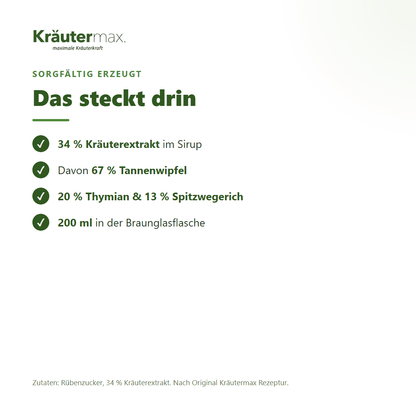 Tannenwipfelsirup – Zusammensetzung: 34 % Kräuterextrakt, davon 67 % Tannenwipfel, 20 % Thymian und 13 % Spitzwegerich, 200 ml