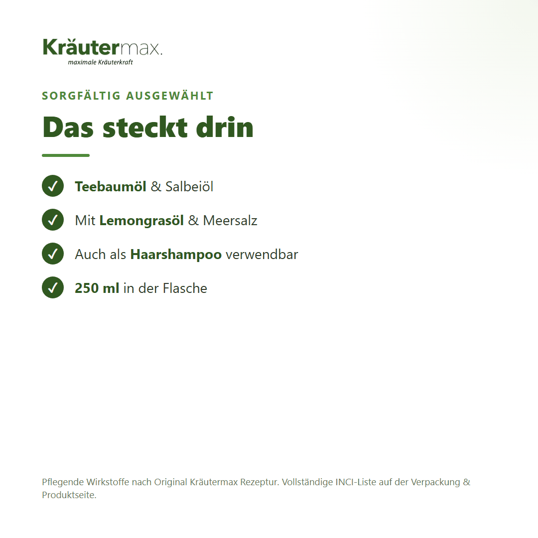 Teebaumöl Duschgel – Inhaltsstoffe: Teebaumöl, Salbeiöl, Lemongrasöl, Meersalz, 250 ml Flasche