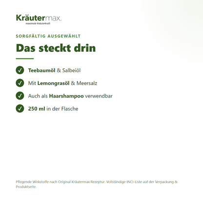 Teebaumöl Duschgel – Inhaltsstoffe: Teebaumöl, Salbeiöl, Lemongrasöl, Meersalz, 250 ml Flasche