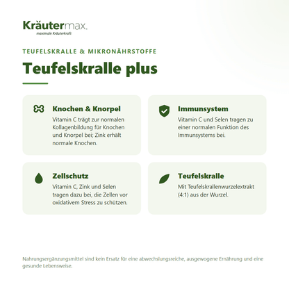 Teufelskralle plus Kapseln – Nutzen: Vitamin C für Kollagen (Knochen, Knorpel), Zink für Knochen, Immunsystem und Zellschutz, mit Teufelskrallenwurzelextrakt