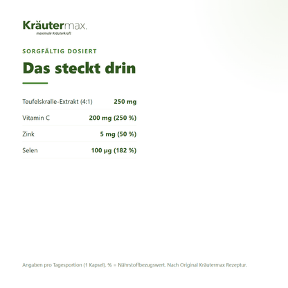 Teufelskralle plus Kapseln – Inhaltsstoffe pro Tagesportion: 250 mg Teufelskralle-Extrakt (4:1), 200 mg Vitamin C, 5 mg Zink, 100 µg Selen