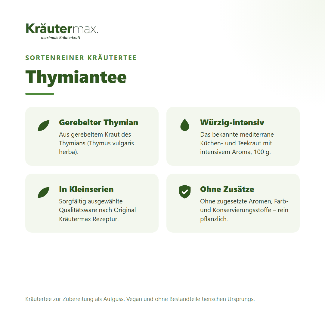 Thymiantee – Überblick: sortenreiner Kräutertee aus gerebeltem Thymian (Thymus vulgaris), 100 g