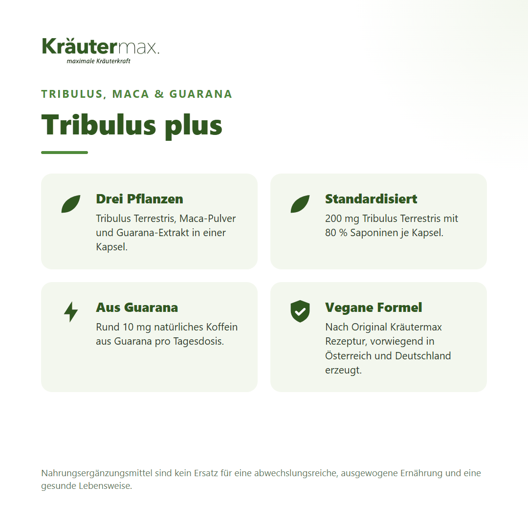 Tribulus plus Kapseln – vegane Formel mit Tribulus Terrestris, Maca-Pulver und Guarana, in der EU erzeugt